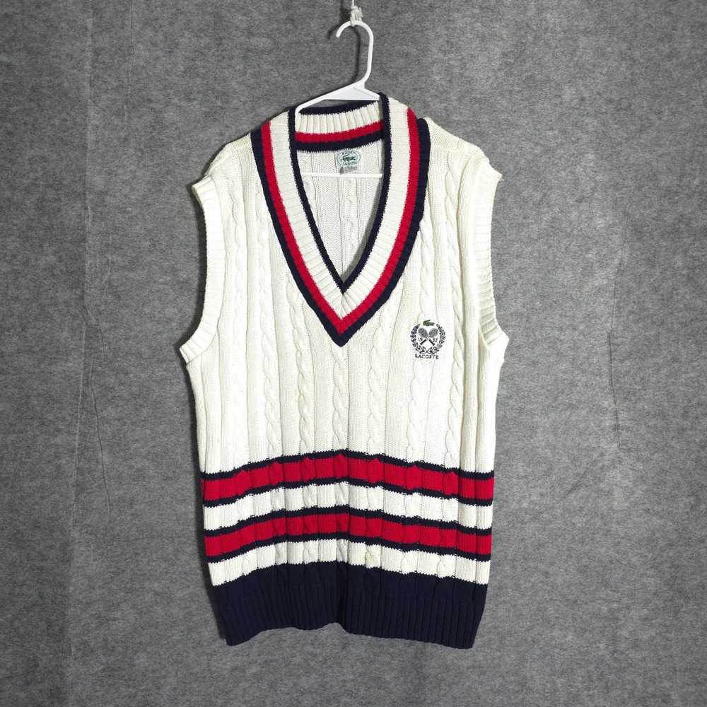 Izod Lacoste Sweater Vest Mens Large White Vintage Cable Knit Striped V-Neck USA